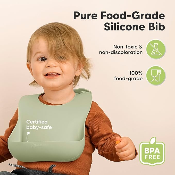 KeaBabies 2-Pack Silicone Baby Bibs for Eating - Sturdy Food-Grade Silicone Bibs for Babies Girl, Boy, Large Food Catcher, Clean & Put On Easily, Waterproof Toddler Feeding Essentials (Sage)-CubbioJoy