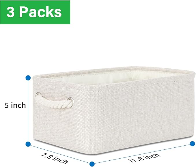 Bidtakay Small Storage Bins for Shelves 3 Pack Fabric Storage Baskets for Organizing 12x8x5 Inch Closet Storage Bins Linen Collapsible Organizer for Closet-Light Biege-CubbioJoy