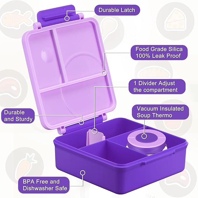 Bento Lunch Box for Kids with 8oz Soup Thermo&Lunch Bag, Leak-Proof Lunch Food Containers with 4 Compartment, Hot Food Insulated Food Jar for Kids School (Purple)-CubbioJoy