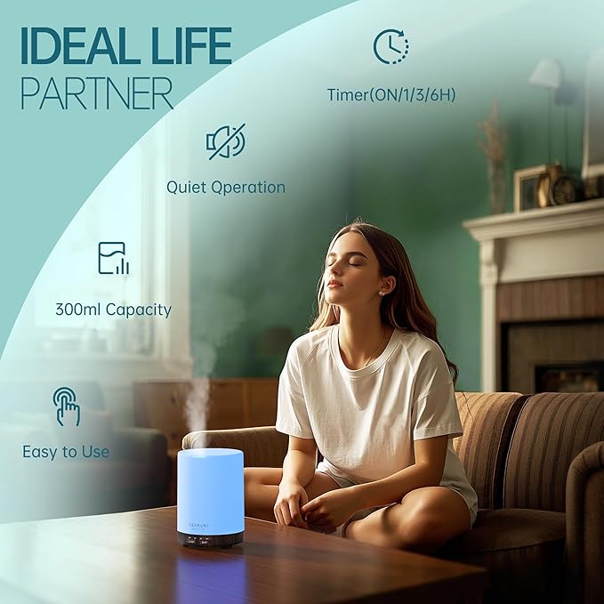 ASAKUKI 300ML Essential Oil Diffuser, Quiet 5-in-1 Premium Humidifier, Home Fragrance Aroma Diffuser with 7 LED Color Changing Light and Auto-Off Switch -Dark Brown-CubbioJoy