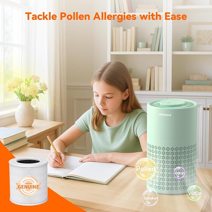AIRROMI Air Purifier for Bedroom with HEPA 3-in-1 Filter, Pet Air Purifier for Home Cat Pee Smell, Covers Upto 990 Ft², Quiet 360°intake Air Cleaner for pet hair,allergies,Dust,Smoke A2001 Green-CubbioJoy