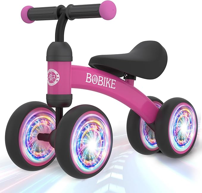 Baby Balance Bike Toys for 12-36 Months Kids Toy Boy and Girls Gifts Toddler Best First Birthday Gift Children Walker No Pedal Infant 4 Wheels Bicycle (Colorful, Rose Red-Light)-CubbioJoy