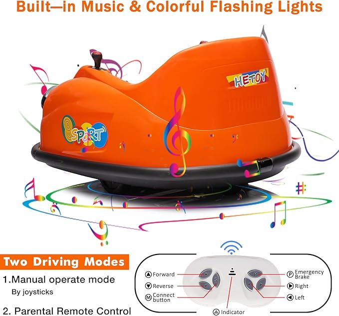 12V Bumper Car for Toddlers, Electric Toy Ride on Battery Car with Kids W/Parent Remote Control, 2-Speed, 360 Degree Spin, Music & LED Lights for Kids, Orange-CubbioJoy