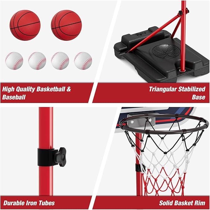 4 in 1 Kids Basketball Hoop and Tball Set for Toddlers 3-5, Adjustable Hanging Tee Ball Stand with Automatic Baseball Pitching Machine, Indoor Outdoor Sport Toys Birthday Gifts for Boys Girls-CubbioJoy