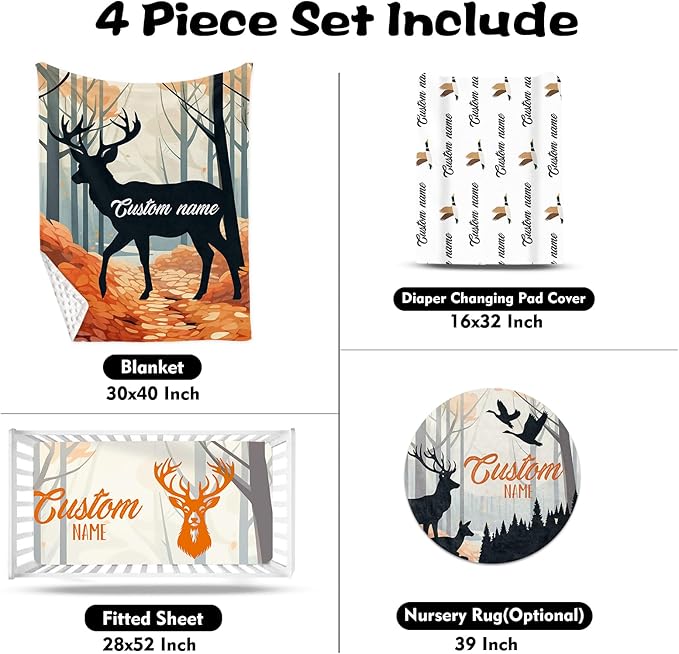 Custom Nursery Crib Bedding Set: Personalized Name 4 Piece Orange Sika Deer Design Baby Crib Sets for Baby Girls - Toddler Double Layer Blanket Set, Comfortable Crib Bed Sheets for Baby Toddlers-CubbioJoy