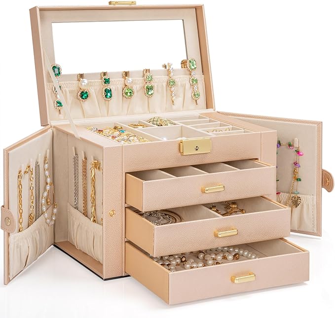 AKOZLIN Large 4-Tier Jewelry Box Leather Jewelry Storage Organizer with 3 Drawers Lockable for Women Girls Ring Necklace Earring Bracelet Watches Holder with Mirror Champagne-CubbioJoy