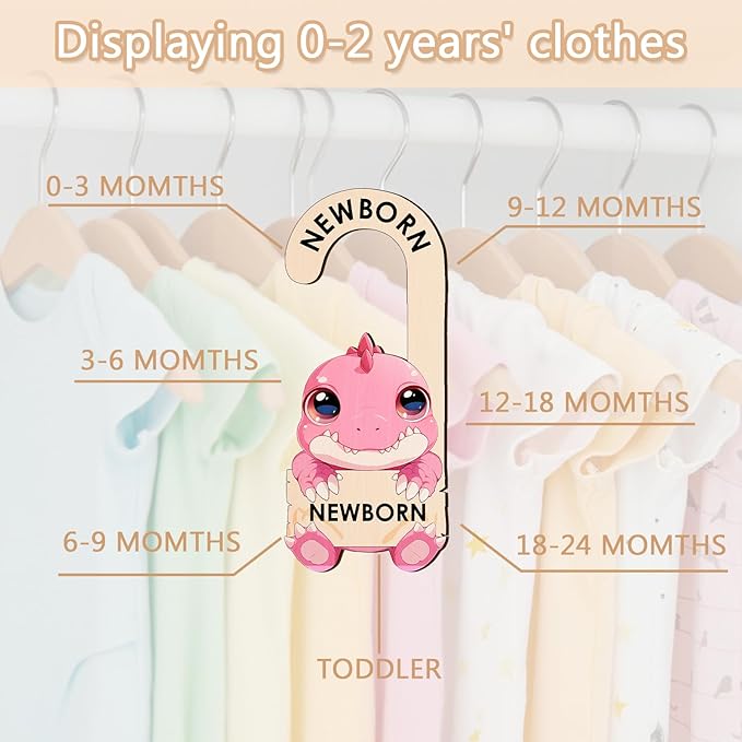 Baby Clothes Dividers for Closet - Wooden Baby Size Closet Dividers Newborn to 24 Months, Unique Dinosaur Design Babies Clothes Organizer for Nursery Decor Gender-Neutral Newborn Hangers (Set of 8)-CubbioJoy
