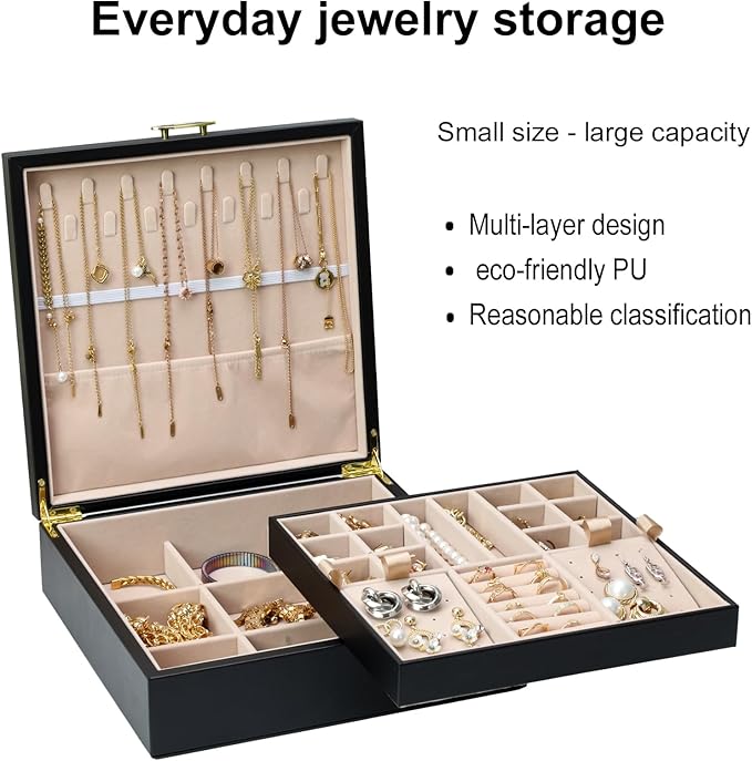 2-layer jewelry box，Jewelry Organizer with Handle，with hanging necklace hooks, detachable jewelry trays, suitable for storing a large amount of jewelry gift box (Large-Black)-CubbioJoy