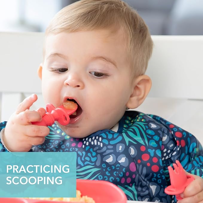 Bumkins Baby Utensils Set, Chewtensils Silicone Spoons for Dipping, Self-Feeding, Baby Led Weaning, Trainer Learning, First Stage Eating, Soft Practice Fork and Spoon, Babies 6 Months, Red-CubbioJoy