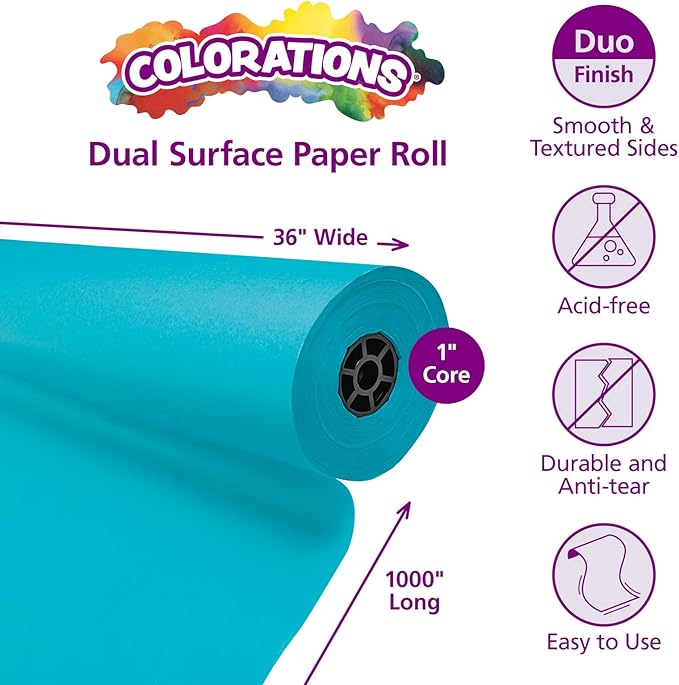 Colorations Arts and Crafts Paper Roll - 36" x 1000', Aqua, Dual Surface, Markers, Finger Paints, Painting, Watercolors, Acrylic Paints, Wall Art, Bulletin Board Paper, Kids Crafts (Item # DSLB)-CubbioJoy