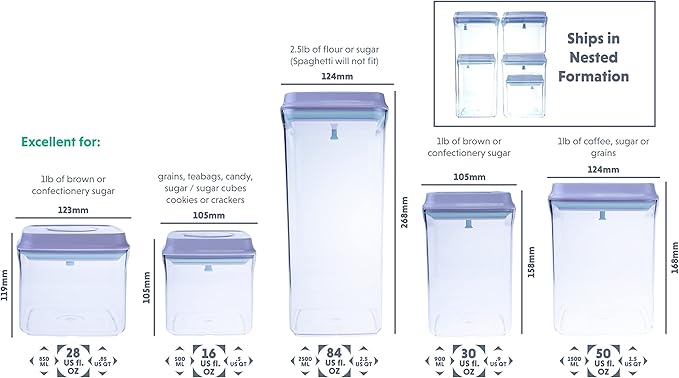 BopTop (5pc Set) Airtight Food Storage Container – Mechanical Silicone Seal Canister - BPA-Free Stackable - 2.5Qt/1.5Qt/.9Qt/.85Qt/.5Qt-CubbioJoy