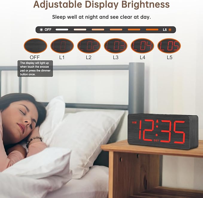 DreamSky Wooden Digital Alarm Clock for Bedroom - Desk Clocks for Living Room with Large Numbers, Loud Alarm for Heavy Sleepers with Volume Control, Dimmer, DST, Office Wood Decor (Adapter Powered)-CubbioJoy