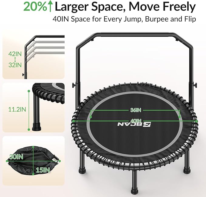 BCAN 40"/48" Mini Rebounder Trampoline for Adults with Bar, 450/550LBS Fitness Trampoline with Bungees, Adjustable Handle, Stable & Quiet, Indoor Outdoor, Whole-Body Workout & Relaxation at Home-CubbioJoy