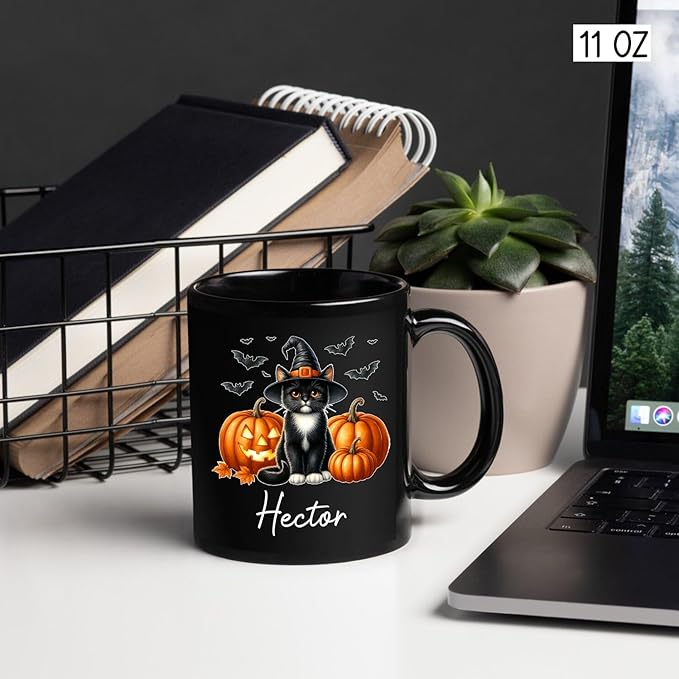Custom Tuxedo Halloween Coffee Mugs with Name, Personalized Tuxedo with Pumpkins Ceramic Cups, Cat Wearing Witch Hat Black Mug, Cat Halloween Cup 11oz 15oz, Gift for Men Women Pet Lover-CubbioJoy