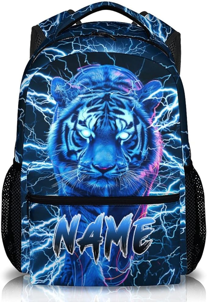Boys School Backpack, Personalized Tiger Backpacks with Name for Kids Kindergarten Primary Senior Middle, 17 Inch Durable Personalized Cool Lightning Bookbag for School-CubbioJoy