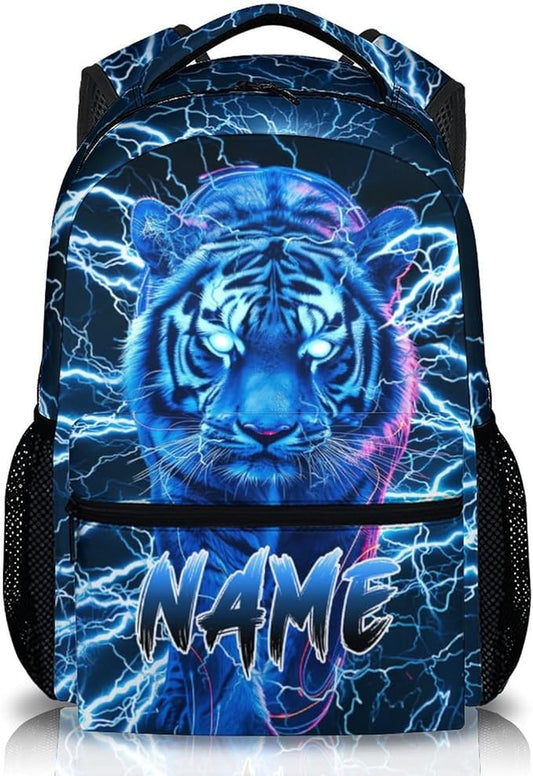 Boys School Backpack, Personalized Tiger Backpacks with Name for Kids Kindergarten Primary Senior Middle, 17 Inch Durable Personalized Cool Lightning Bookbag for School-CubbioJoy