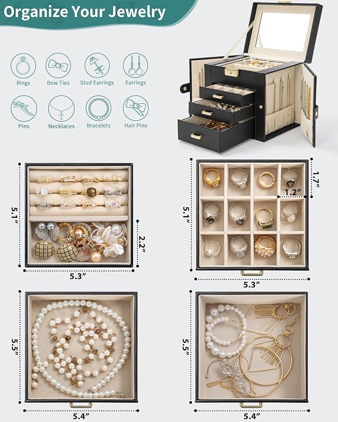 AKOZLIN 4-Tier Jewelry Box Leather Jewelry Storage Organizer with 3 Drawers Lockable for Women Girls Ring Necklace Earring Bracelet Holder with Mirror Black-CubbioJoy