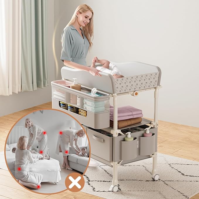 Baby Changing Table, Versatile Folding Changing Table with 2 Drawers, Portable Baby Diaper Changing Station with Toy Holder, Adjustable Height Mobile Nursery Diaper for Infant and Newborn-CubbioJoy