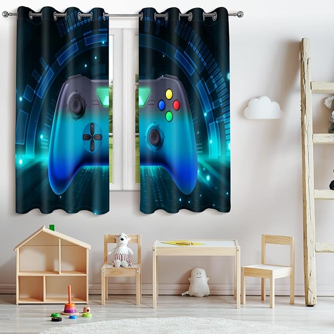 Jekeno Game Controller Blackout Curtains for Kids Boys Teens Bedroom Colorful Video Game Gamer Gaming Gamepad Decor for Home Living Room Grommet Window Drapes 2 Panel Set, 42"x84"-CubbioJoy