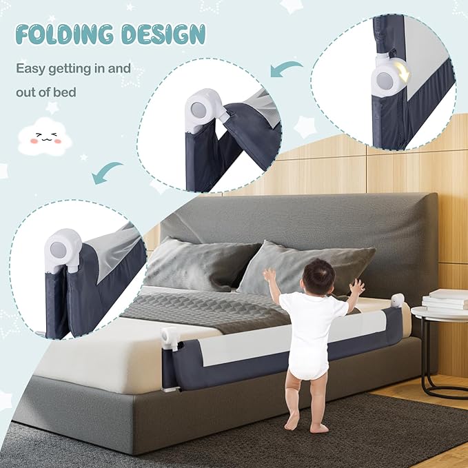 BABY JOY Bed Rails for Toddlers, Extra Long, Swing Down Safety Bed Guard for Convertible Crib, Folding Baby Bedrail for Kids Twin, Double, Full Size Queen & King Mattress (60-Inch, Dark Blue)-CubbioJoy