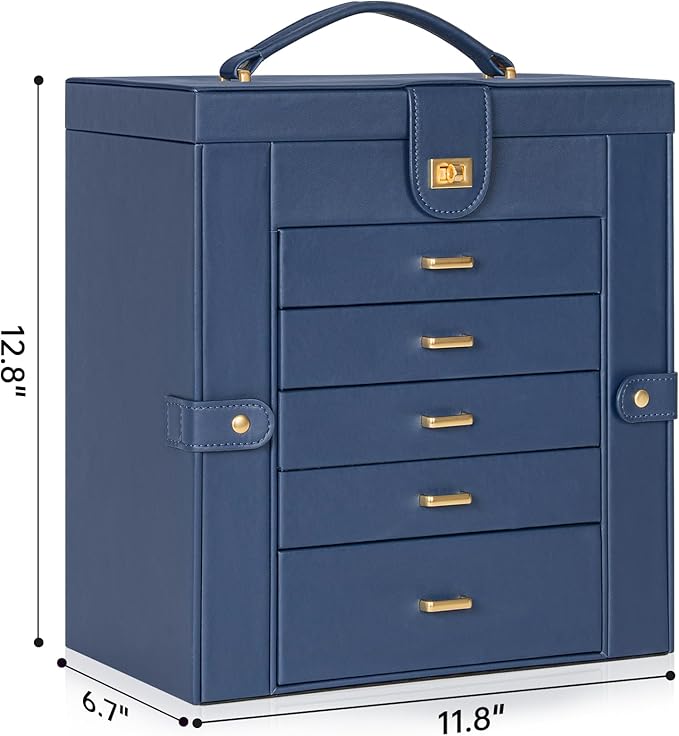 AKOZLIN Extra Large 6-Tier Jewelry Box Organizer Functional Huge, 5 Drawers Leather Jewelry Storage Case for Women Girls Ring Necklace Earring Bracelet Holder Organizer with Mirror Blue-CubbioJoy