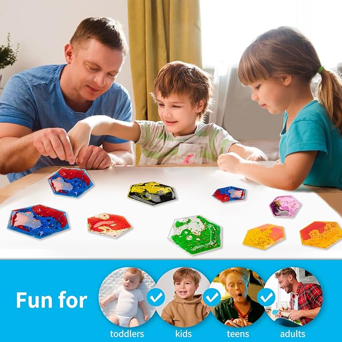 Art3d Hexagon Sensory Fidget Liquid Motion Tiles for Kids, Toddler, Teens - Interactive Soft Gel Liquid Play Mats for Home, Schools, Playrooms, Multi-Pack of 3 Tiles-CubbioJoy