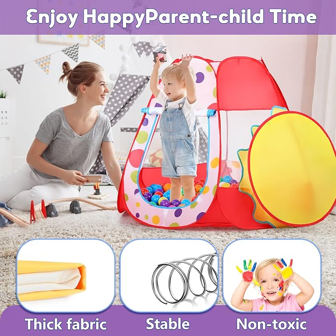 Baby Ball Pit for Toddler with 50 Balls, Kids Pop Up Play Tent for Girls, Princess Toys for Children Indoor & Outdoor Playhouse with Carry Bag (Red: 7 Bright Colors, 109x90cm/50 Balls)-CubbioJoy