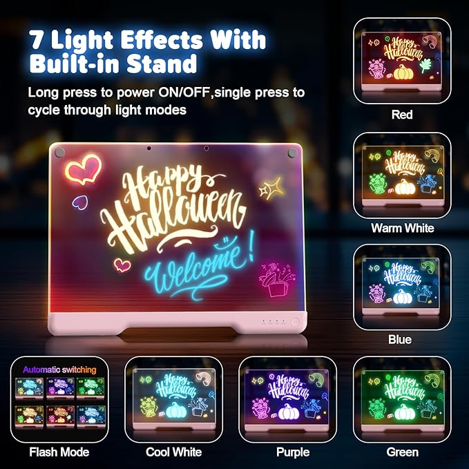 16-Inch Rechargeable Doodle Glow LED Note Board, 7-Color Light Modes, Neon Art Dry Erase Light Up Drawing Pad with Built-in Stand, Sketching Gift Toy for Kids/Girls/Teens, 5 Markers & Tracing Book-CubbioJoy