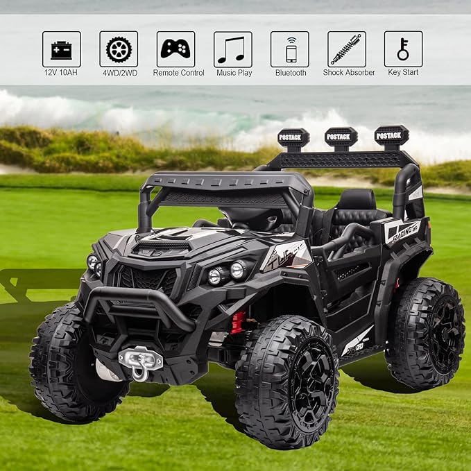 4x4 Kids Ride On Car with Remote Control, 24V Battery Powered Ride On Truck 4WD/2WD Switchable Electric Car for Kids Ride On UTV for Boys with Car Key LED Lights Music, Black…-CubbioJoy