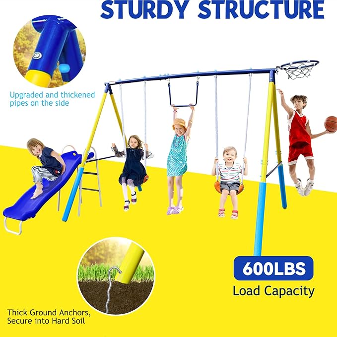 5-in-1 Backyard Swing Set for Kids Ages 3-8 | Outdoor Playset with Slide, 2 Safe Swing Seats, Basketball Hoop & Gymnastics Rings | Heavy-Duty HDPE & Steel Frame-CubbioJoy