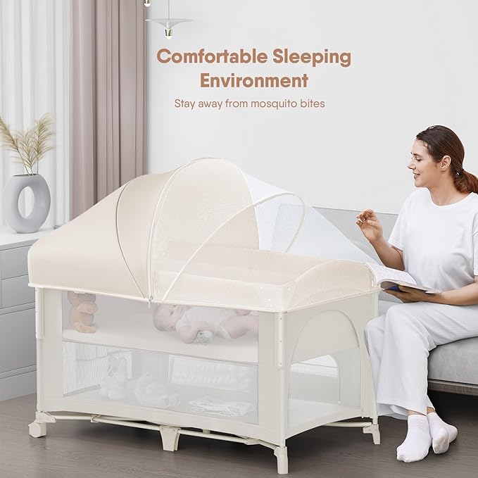 4 in 1 Baby Bassinet, Pack and Play, Bedside Crib Sleeper, Diaper Changer - Comes with Mattress, Mosquito Net，Bottom Storage and Toy Bar for Newborn to Toddles-CubbioJoy