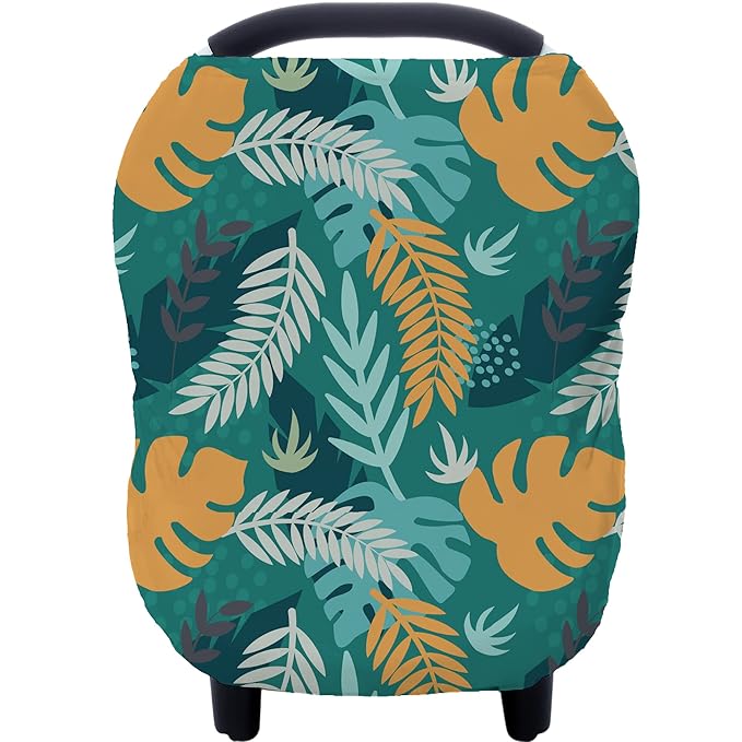 Carseat Cover Boy and Girls - Multi-use Nursing Car Seat Canopy Cover for Breastfeeding, Infant Stroller Cover, High Chair Cover (Green Leaves)-CubbioJoy