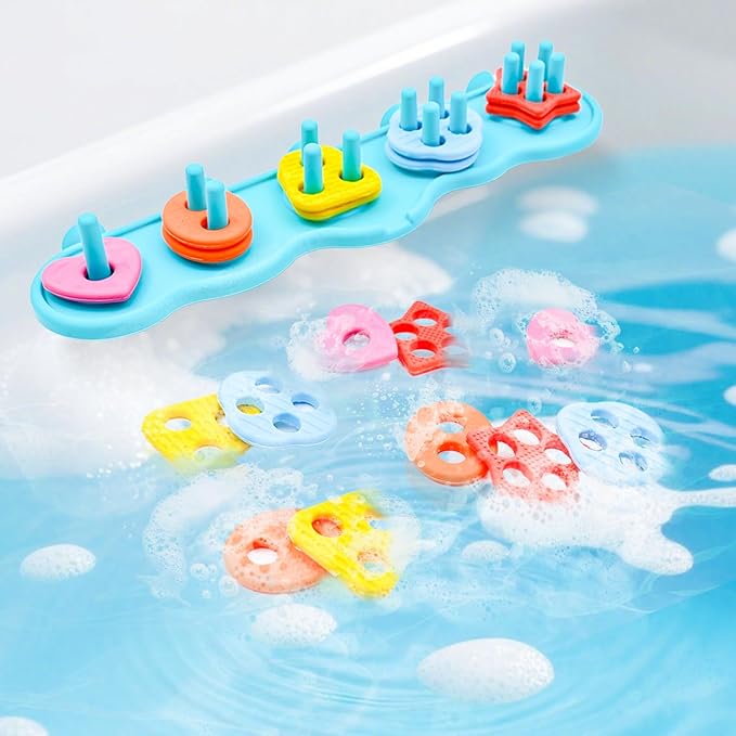 Baby Bath Toys, Sorting & Stacking Toy Bath Toy, Shape Sorter Toys for Bathtub,Stacking Bath Toy Set with 20 Textured Floating Pieces, Toddler Early Learning Bathtub Fun-CubbioJoy