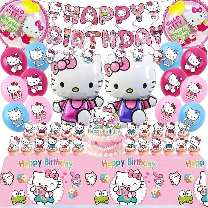 49Pcs - Kitty Birthday Party Decorations Set, Pink Theme with Banner, Balloons, Tablecloth, Cake Toppers.-CubbioJoy