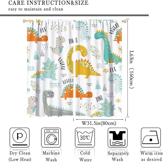 Dinosaur Curtains for Kids Boys Girls Home Decor Childish Cute Dino Animals Print Pattern Rod Pocket Blackout Window Drapes for Nursery Baby Bedroom Playroom W31.5xL63in 2 Panels-CubbioJoy