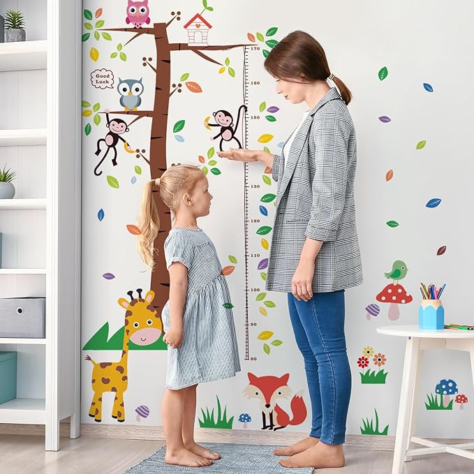 3D Cartoon Animal Height Growth Chart for Kids Wall Stickers Removable DIY Trees and Leaves Wall Stickers Vinyl Flowers Plants and Mushrooms Wall Art Decor for Nursery Kids Bedroom Living Room-CubbioJoy