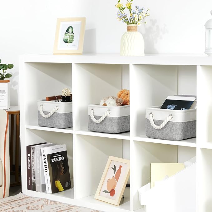 Bidtakay Small Baskets Fabric Storage Baskets for Organizing 3-Pack 12x8x5 Inch Collapsible Storage Bins for Shelves Canvas Bins for Closet Organization Home Baskets Storage Linen Closet S-White&Grey-CubbioJoy