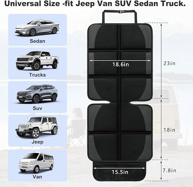 Car Seat Protector for Child Car Seat, 2 Pack Baby Car Seat Covers with Mesh Pockets & Non-Slip Backing 600D Durable Seat Protector Under Baby Car Seat for Car Back Seat (Black, Large)-CubbioJoy