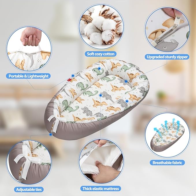 Baby Lounger - Breathable & Soft Baby Nest, Portable and Lightweight Tummy Time Lounger for Home and Travel, Ideal Newborn Babies Essentials Baby Shower Gifts-CubbioJoy