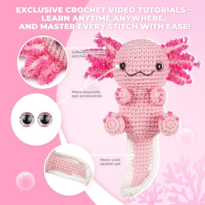 Crochet Kit for Beginners, Learn to Crochet, Include Easy Knitting Soft Yarn, Step-by-Step Video Tutorial, Hook, Holiday Birthday Gift for Adults and Kids(Happy Axolotl)-CubbioJoy
