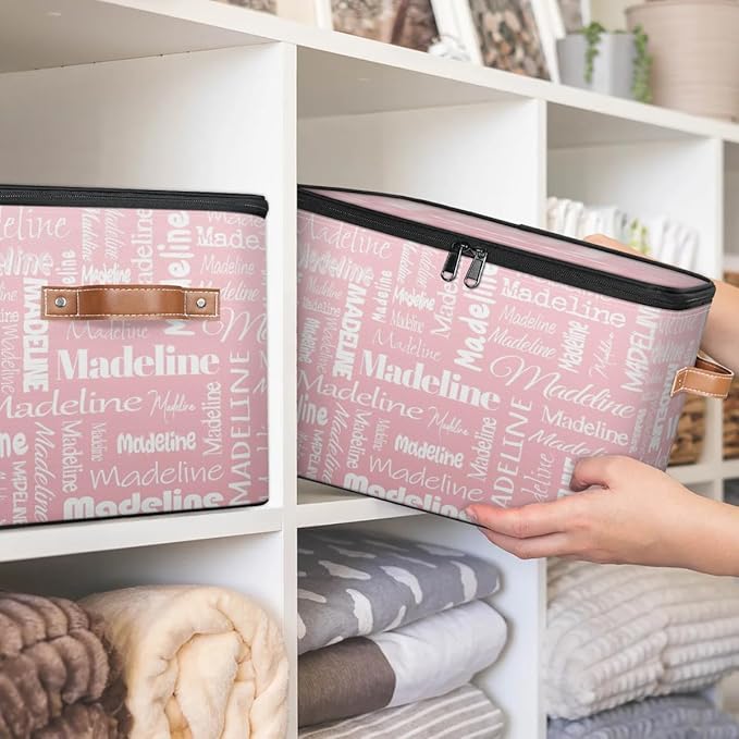 Custom Storage Basket with Name, Personalized Storage Bins with Zipper Lid, Foldable Fabric Storage Box Large capacity with Handle Pink-CubbioJoy
