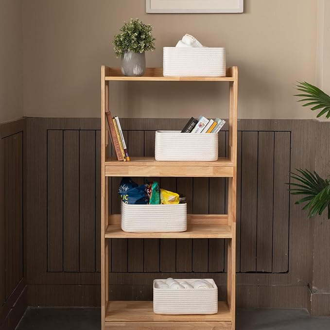 4 Pack Small Storage Shelf Baskets for Organizing, Mini Woven Rope Storage Bins for Towels, Cute Decorative Closet Organizer，Baby Nursery, Gift Empty Baskets -13''Lx8.66''Wx5.11''H-White-CubbioJoy