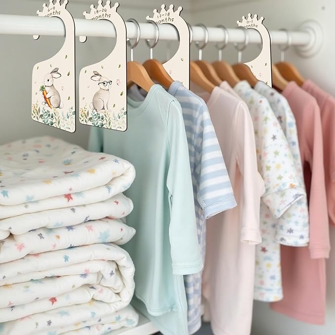 Baby Clothes Dividers for Closet - Set of 8 Wooden Baby Size Closet Dividers Newborn to 24 Months, Rabbits Babies Clothes Organizer for Boys Girl Nursery Decor Gender-Neutral Newborn Hangers Dividers-CubbioJoy