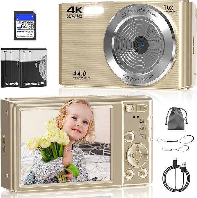 Digital Camera, FHD 4K Digital Camera with 64GB SD Card, 44MP Digital Point and Shoot Camera, 16X Digital Zoom, Anti Shake, 3-LED Fill Lights, Compact Camera for Kids Teen Boys Girls, Gold-CubbioJoy