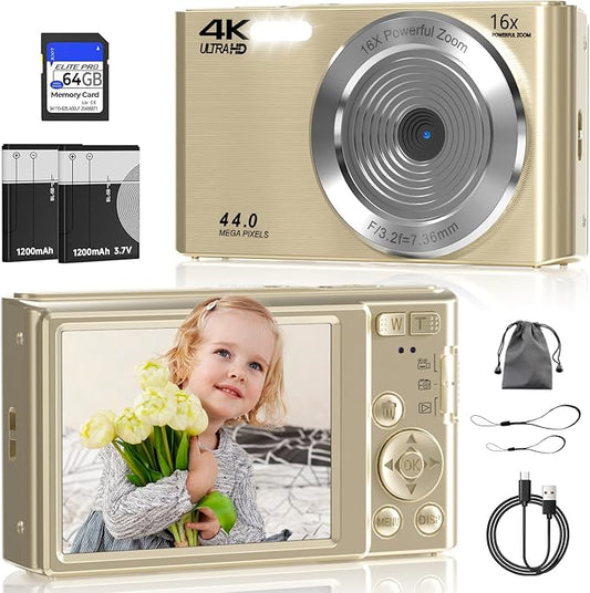 Digital Camera, FHD 4K Digital Camera with 64GB SD Card, 44MP Digital Point and Shoot Camera, 16X Digital Zoom, Anti Shake, 3-LED Fill Lights, Compact Camera for Kids Teen Boys Girls, Gold-CubbioJoy
