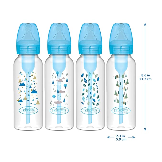Dr. Brown's Natural Flow Anti-Colic Options+ Narrow Baby Bottle, Blue Nature, 8 oz/250 mL, with Level 1 Slow Flow Nipples, 0m+, 4 Pack-CubbioJoy