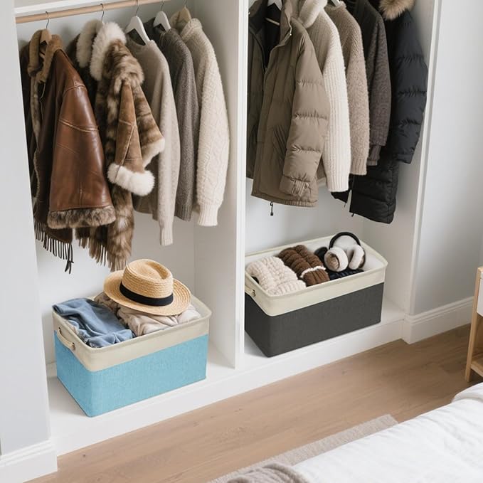 BALEINE 4 Pack Fabric Storage Bins for Shelves, Linen Storage Baskets for Organizing, Decorative Closet Bins for Clothes, Home (Grey, 15"x11"x9.5")-CubbioJoy