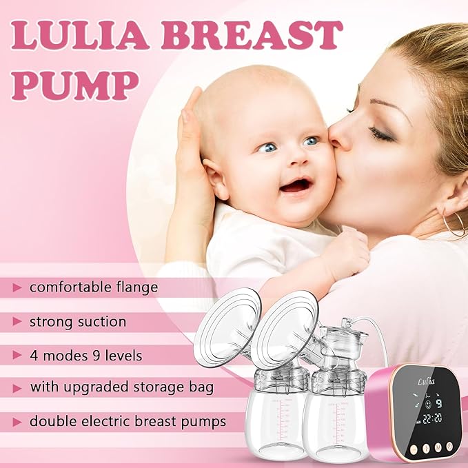 Double Electric Breast Pump Strong Suction, Portable Breast Pump Electric Breastfeeding Pump, Rechargeable Milk Pump with 4 Modes & 9 Levels, Low Noise, Anti-Backflow & LED Display, 24mm Flange, Pink-CubbioJoy