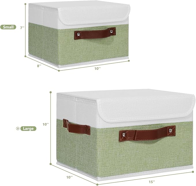 ANMINY Storage Boxes with Lids Washable Decorative Storage Bins Basket with PU Leather Handle Foldable Linen Fabric Storage Cubes Containers for Home Closet Organizer - Green White, Large Size-CubbioJoy
