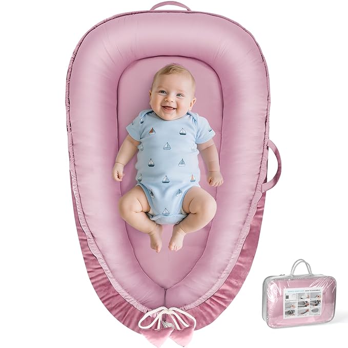 Baby Lounger - Baby Lounger for Newborn 0-24 Months, Breathable & Soft Cotton and Velvet Cover Baby Nest, Portable Tummy Time Lounger for Home and Travel, Ideal Baby Essentials & Shower Gifts-CubbioJoy